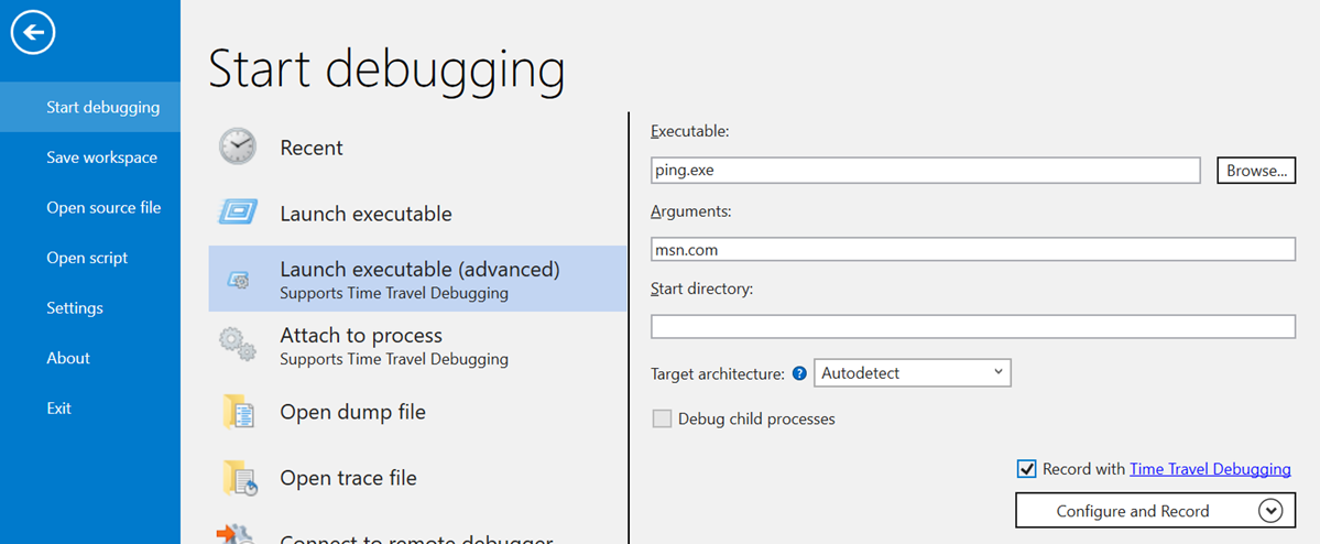 Screenshot of WinDbg with start recording checkbox in the Launch Executable (advanced) screen.