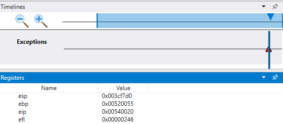 Timeline in debugger displaying demolab exception and registers window.