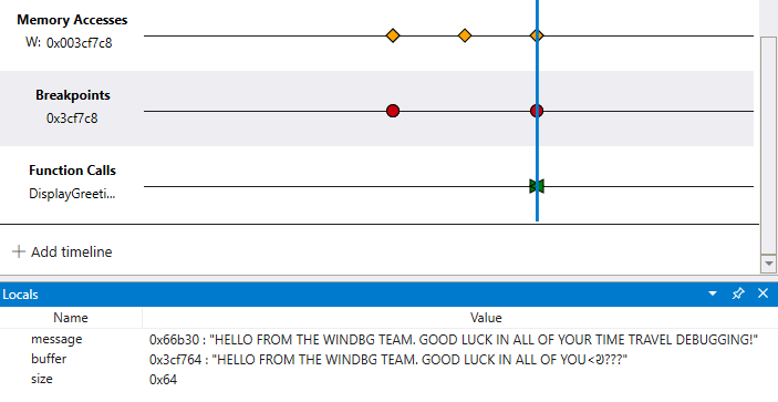 Timeline in debugger displaying memory access timeline and locals window with message and buffer containing different string values.