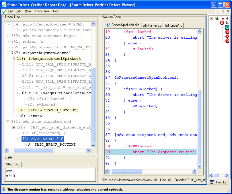 Screenshot of a Static Driver Verifier Report page showing the ABORT routine associated with a line from the CancelSpinLock.slic file.