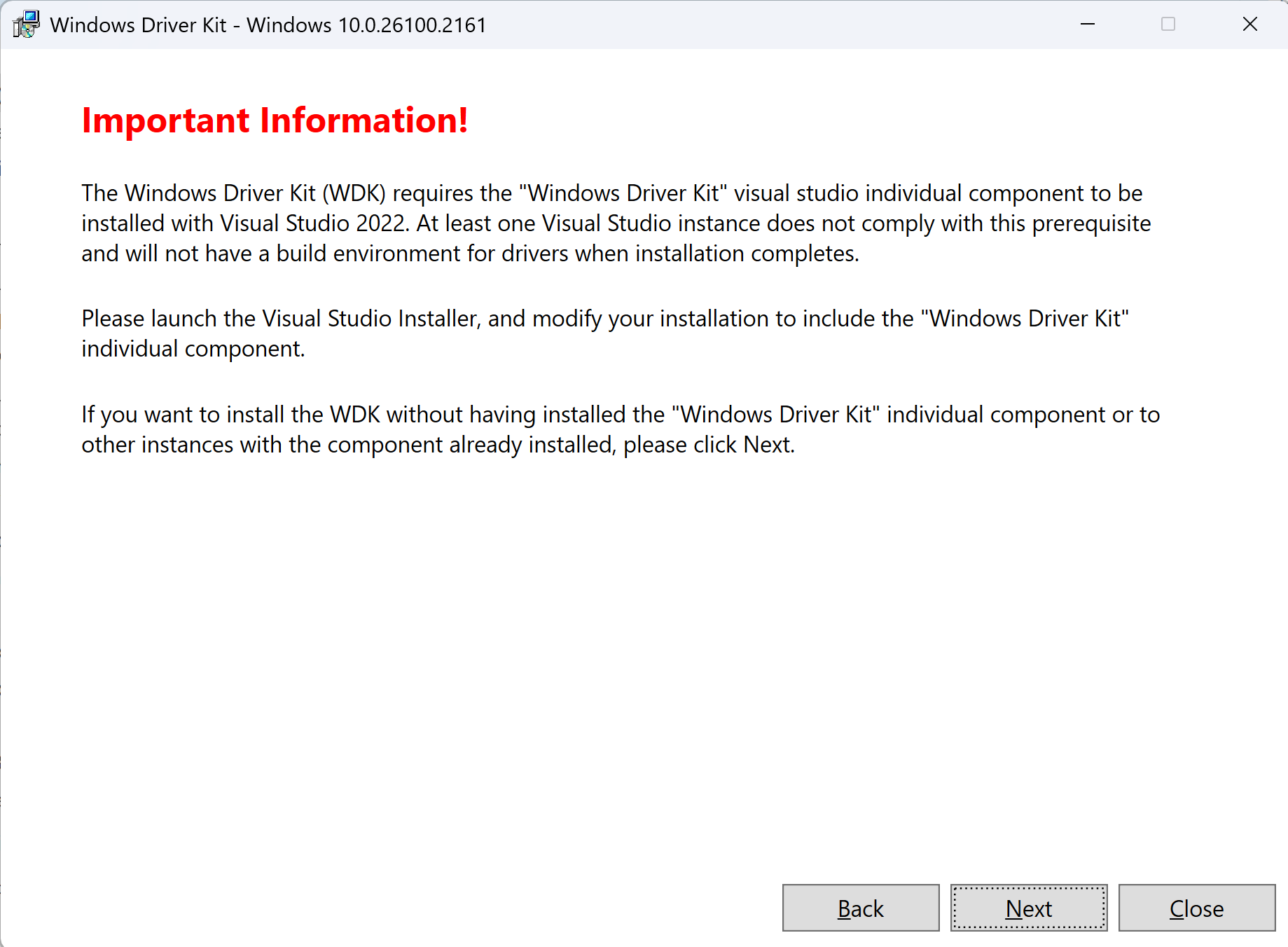 Image asking the user to install WDK VSIX.