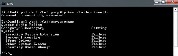 screen shot of command-prompt window illustrating the use of auditpol to enable security auditing.