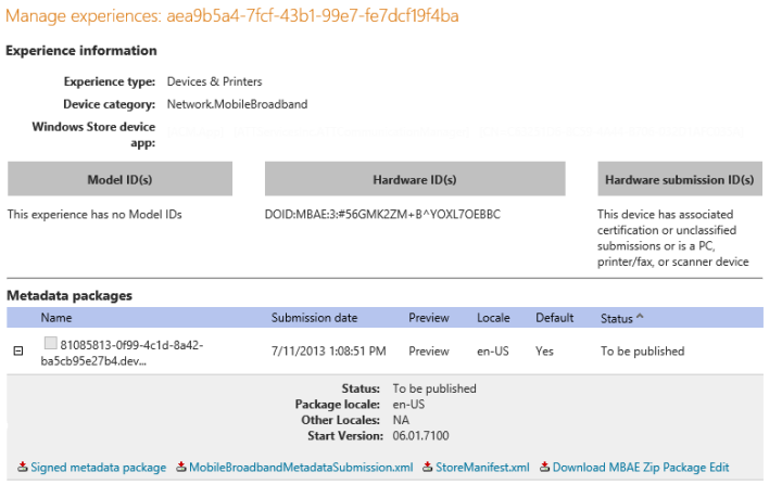 Screenshot of the Manage Experiences page on the Windows Dev Center hardware dashboard.