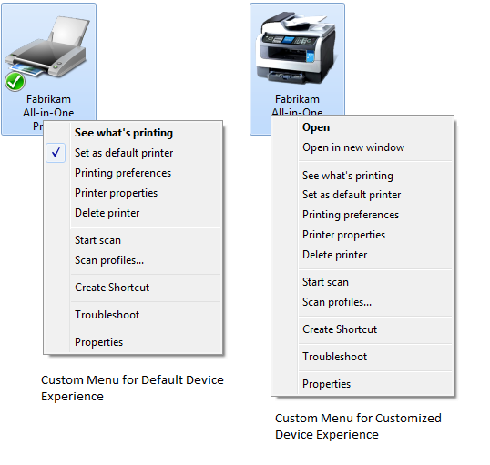 Shortcut menus for the default device experience and the custom device experience.