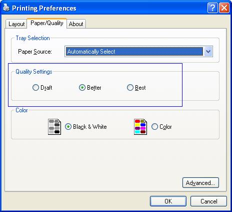 quality settings area on the printing preferences dialog box