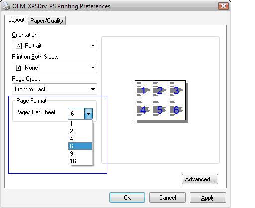 pages per sheet option on the printing preferences dialog box