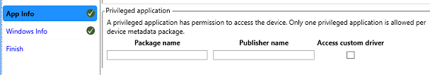 Screenshot of Visual Studio, showing device metatdata for privileged apps.