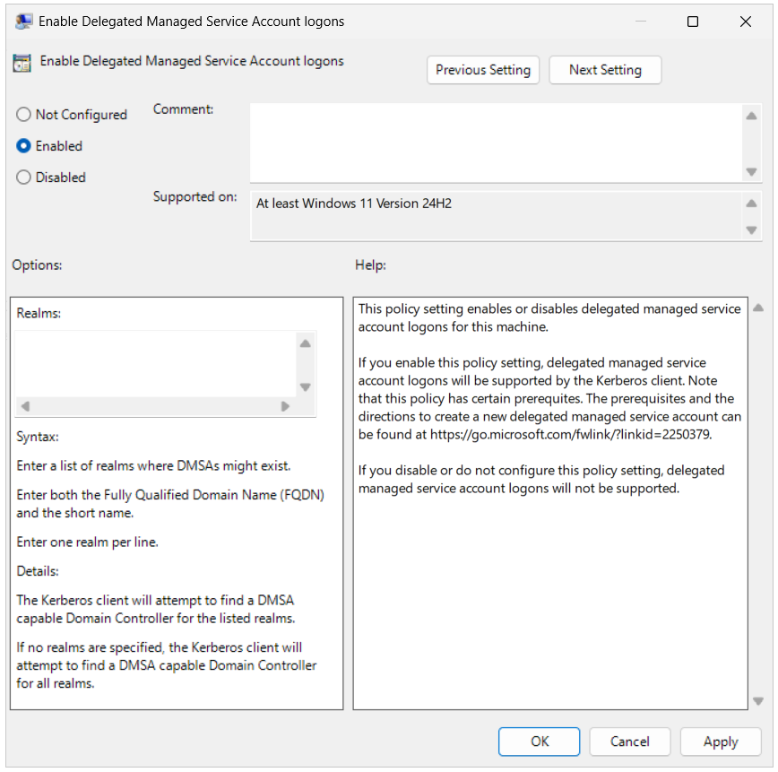 A screenshot of the "Enable Delegated Managed Service Account logons" group policy setting set to enabled.