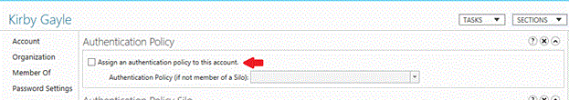 Screenshot that highlights the Assign an authentication policy to this account check box.