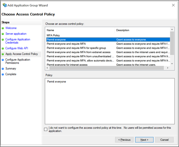 Screenshot of the Choose Access Control Policy page of the Add Application Group Wizard showing the Permit everyone option highlighted.