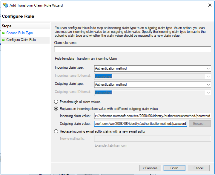 Screenshot that shows where to select Finish when you create a rule by using the transform an incoming claim rule template.