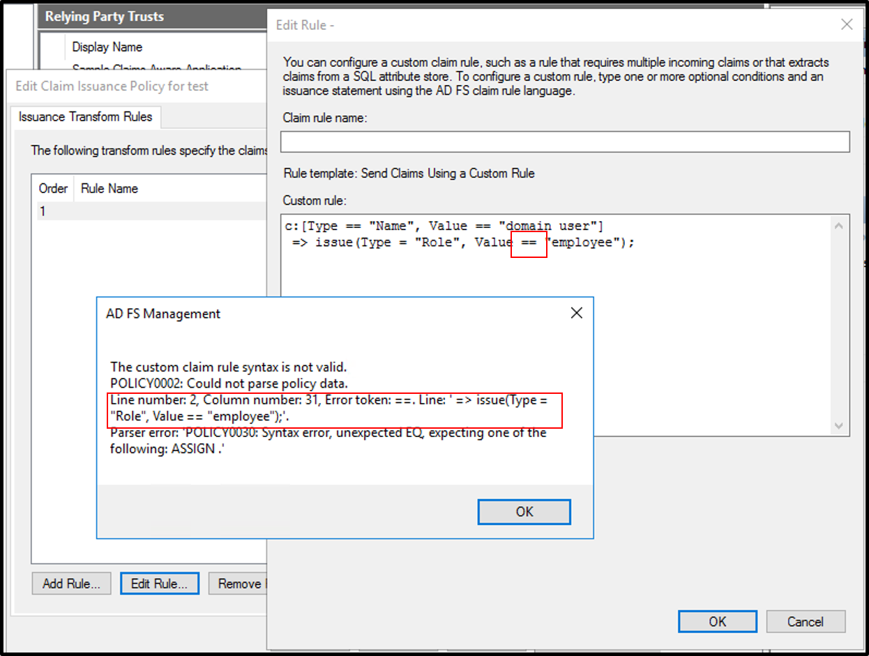 Screenshot that shows the A D F S Management dialog with a message stating that the custom claim rule syntax isn't valid.