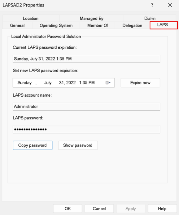 Screenshot that shows the Windows LAPS properties dialog in the Windows Server Active Directory Users and Computers snap-in.