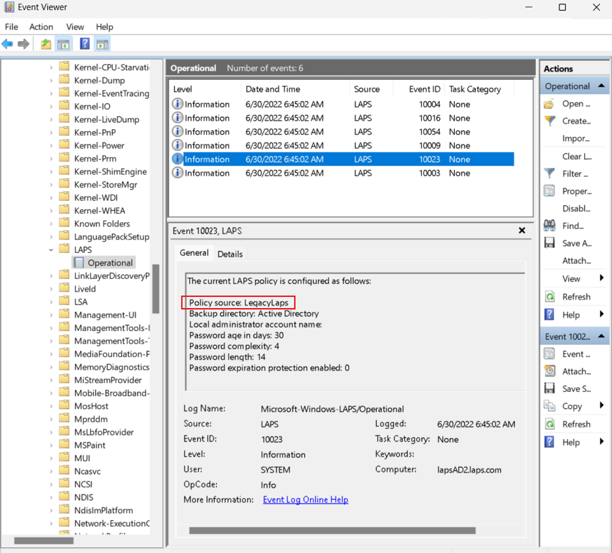 Screenshot of the event log that shows a Microsoft LAPS configuration event log message.