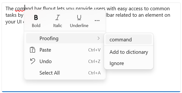 An expanded text proofing command bar flyout