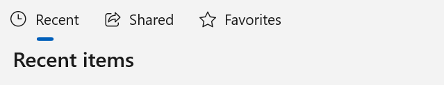 Selector bar with nodes Recent, Shared, Favorites. The Recent node is selected, as indicated by a blue line under the text.