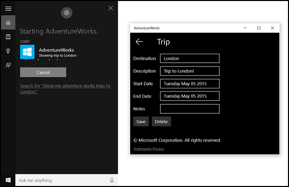 Screenshot of Cortana launching foreground app