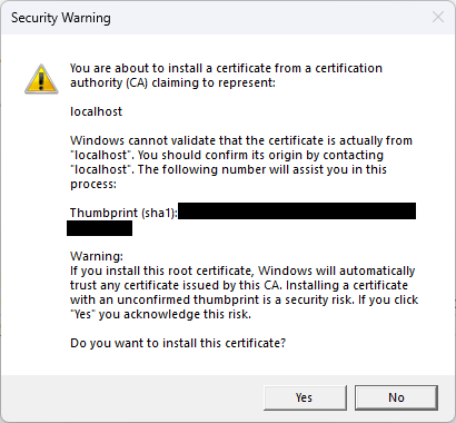 A screenshot of a Windows dialog asking the user if they want to install a certificate