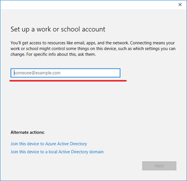 set up work or school account screen