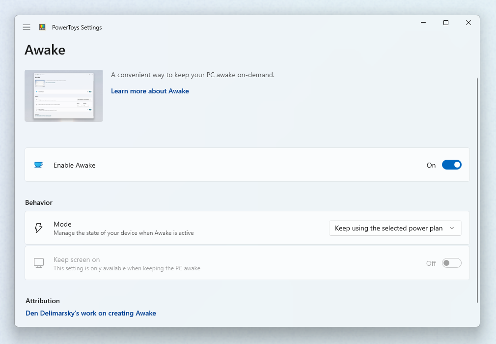 A screenshot of the Awake settings