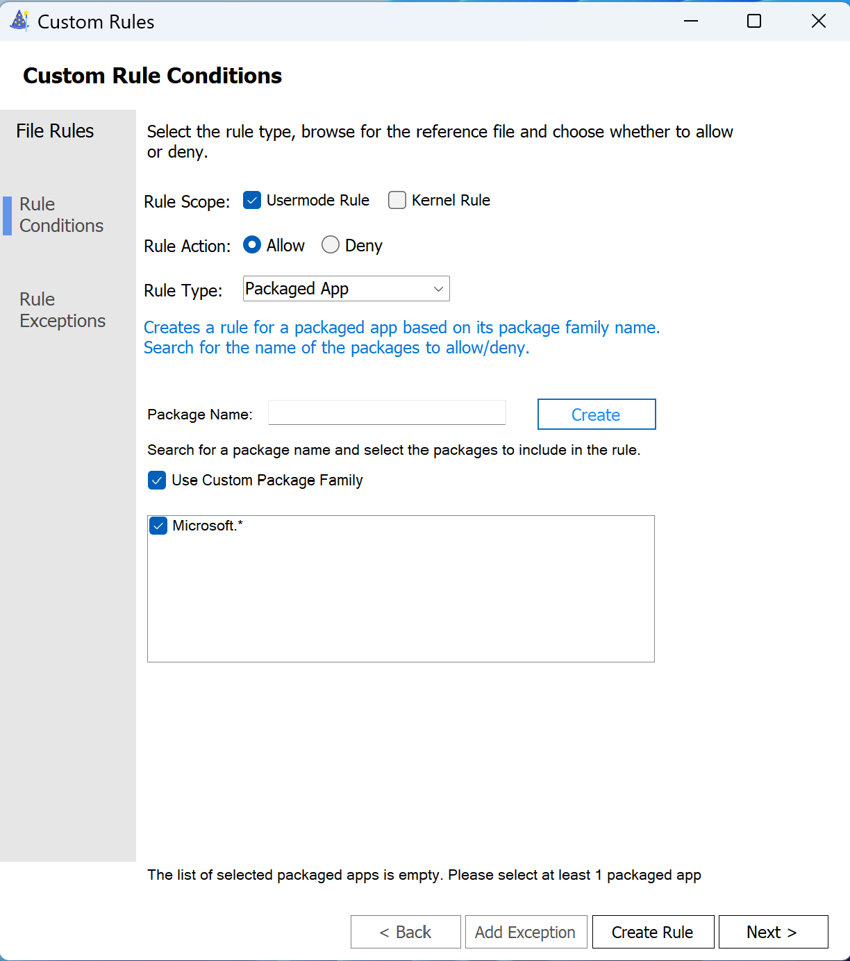 Create PFN rule with custom string from App Control Wizard