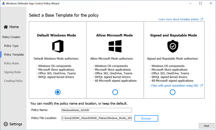 Selecting a base template for the policy.