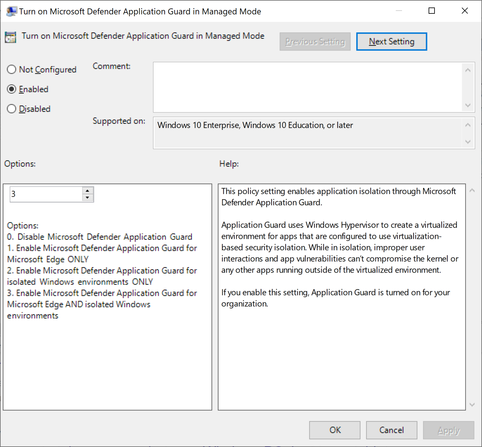 Group Policy editor with Turn On/Off setting.