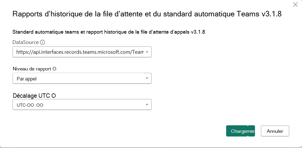 Capture d’écran montrant les sélections Source de données, Niveau de rapport et Décalage UTC.