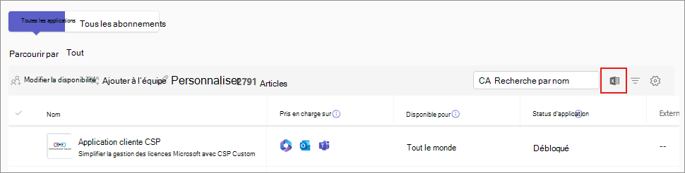 Capture d’écran montrant l’option permettant d’exporter le catalogue d’applications sous forme de fichier CSV.