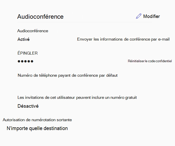 Capture d’écran des paramètres d’audioconférence pour un utilisateur dans le Centre Administration Microsoft Teams.