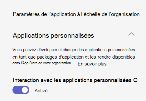 Capture d’écran montrant les paramètres d’application personnalisée à l’échelle de l’organisation.