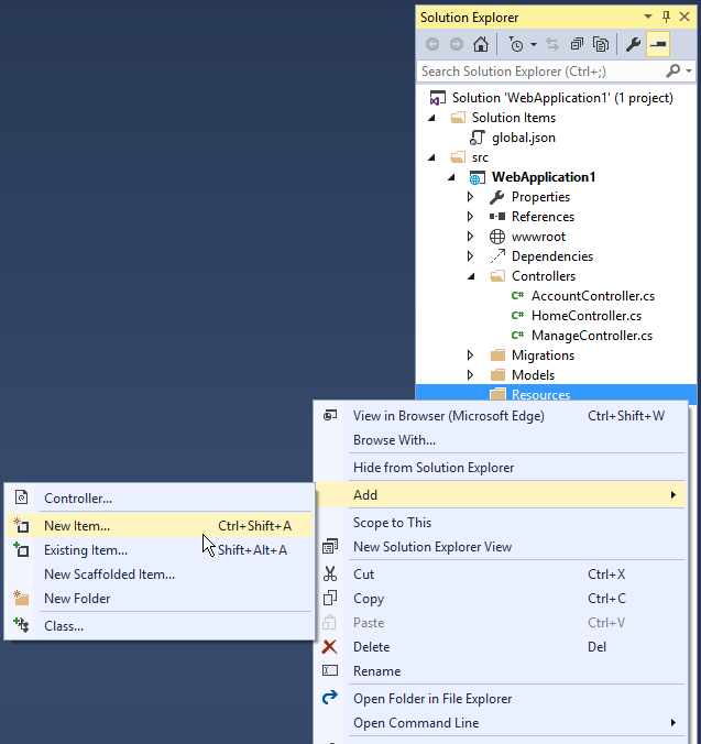 Menu contextuel imbriqué : dans l’Explorateur de solutions, un menu contextuel est ouvert pour les ressources. Un deuxième menu contextuel est ouvert pour Ajouter, et montre la commande Nouvel élément mise en évidence.