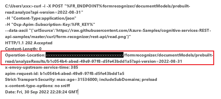 Capture d’écran montrant une réponse POST avec l’emplacement de l’opération en évidence.