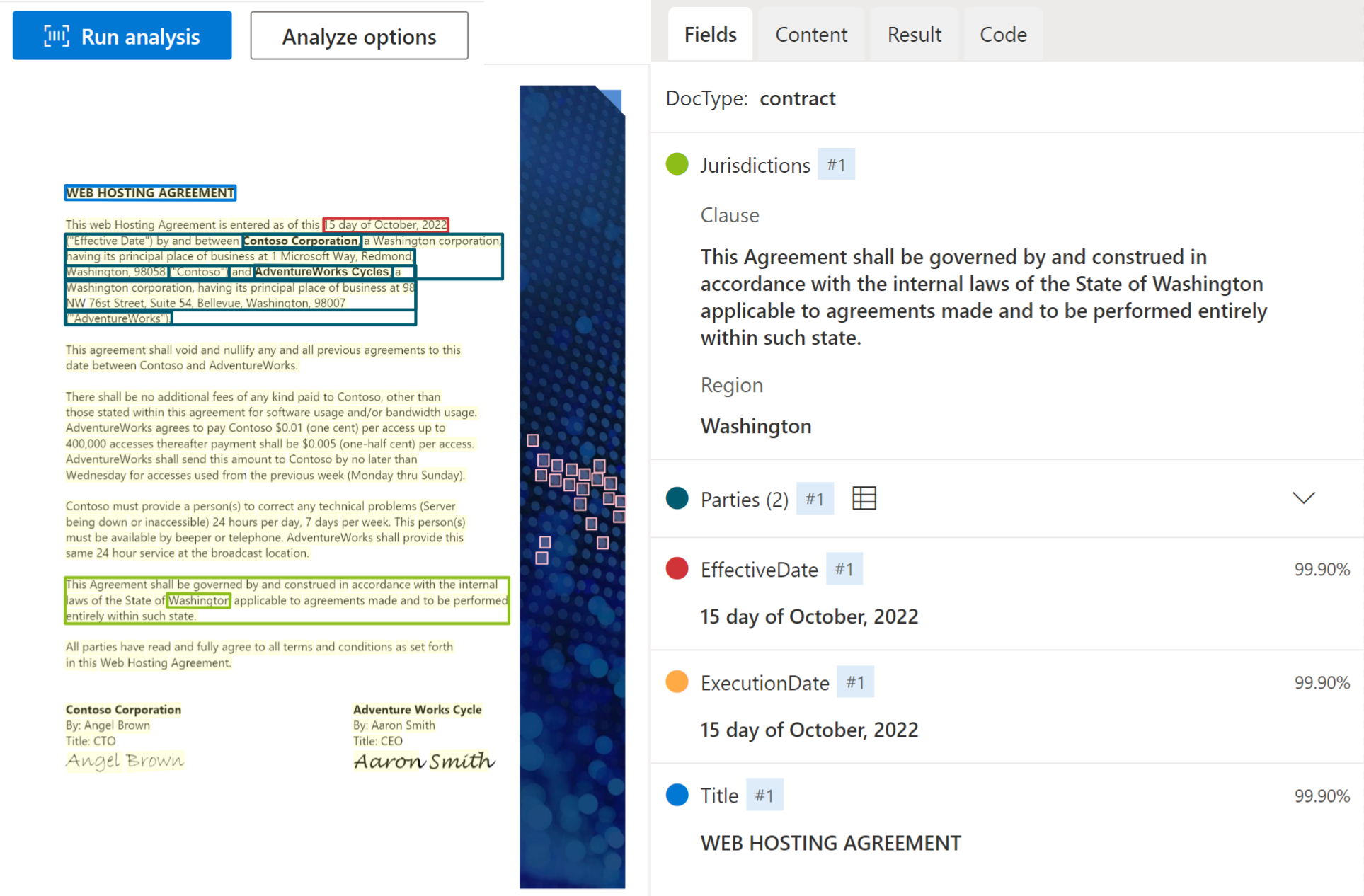 Capture d’écran de l’extraction d’un modèle de contrat à l’aide de Studio Intelligence Documentaire.