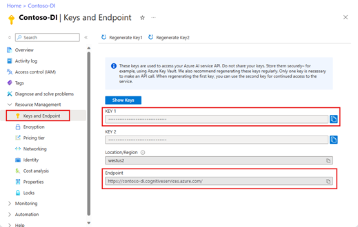 Capture d'écran de la page des clés et du point de terminaison dans le Portail Microsoft Azure.