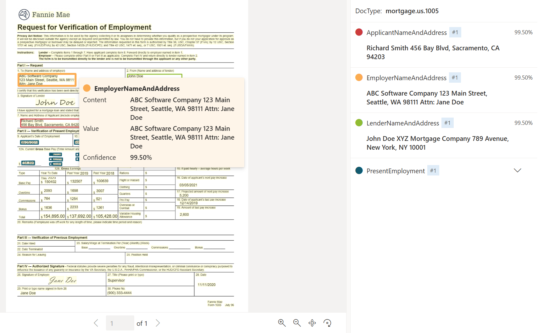 Capture d’écran de l’analyse du modèle de document Prêt hypothécaire américain 1005 à l’aide de Studio Intelligence documentaire.