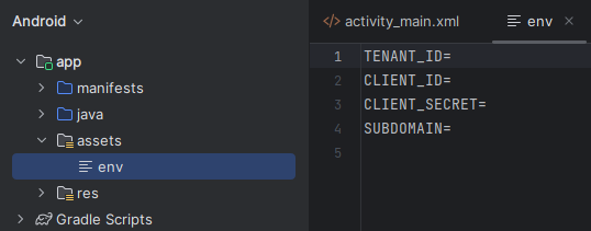 Capture d’écran des variables d’environnement dans Android Studio.