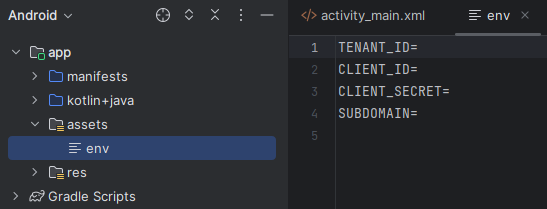 Capture d’écran des variables d’environnement dans Android Studio.