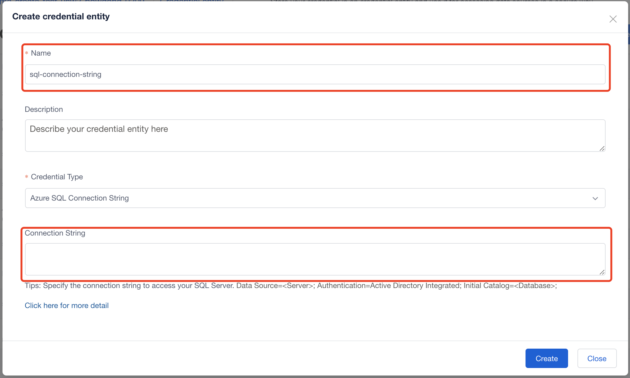 définir l’entité d’informations d’identification pour la chaîne de connexion SQL