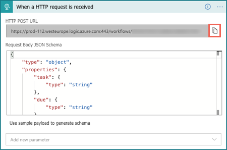 Capture d’écran montrant l’icône de copie pour copier l’URL de votre déclencheur de requête HTTP.