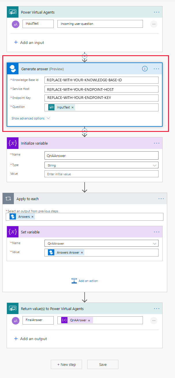 Capture d’écran partielle du flux du modèle QnA Maker, avec Generate answer (Preview) mis en évidence.