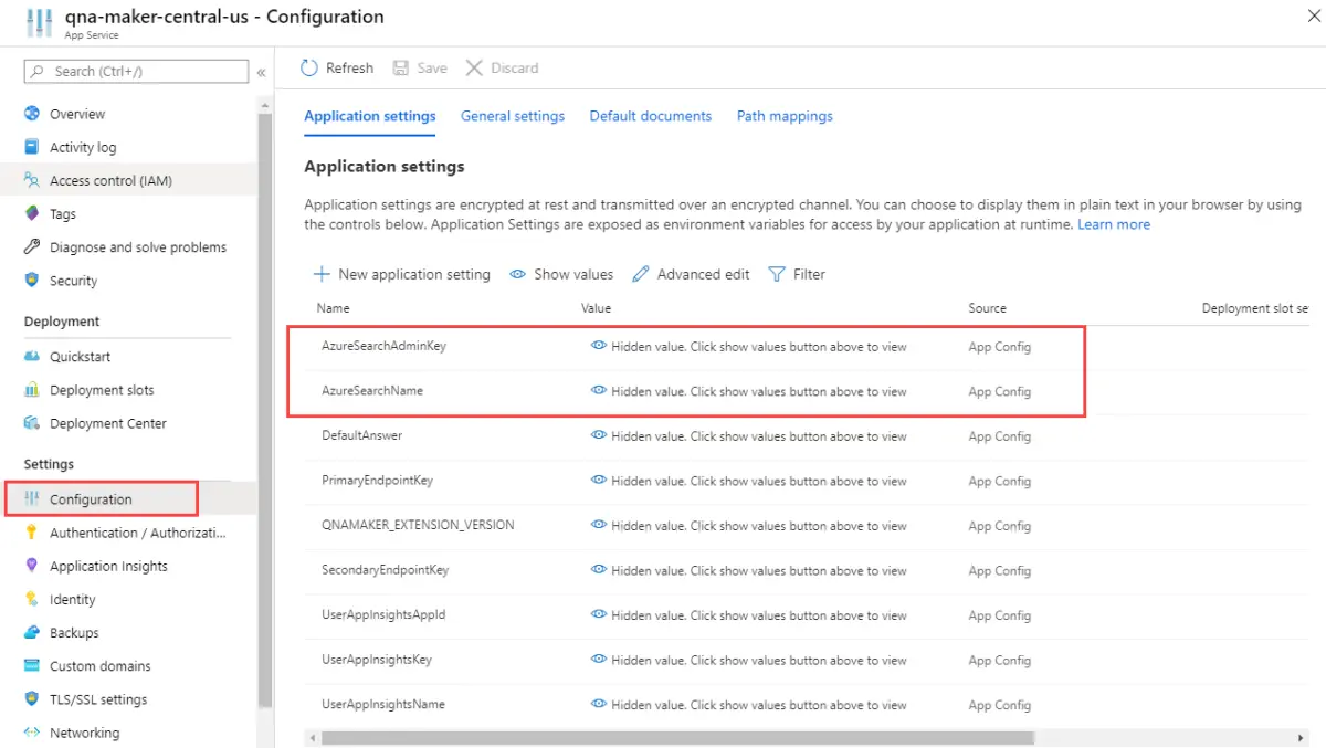 Capture d’écran du portail Azure montrant les paramètres de configuration d’App Service