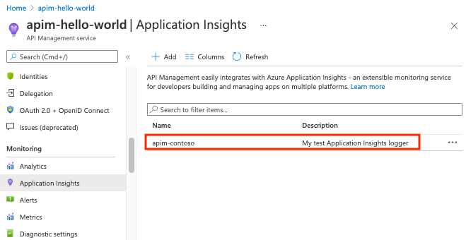 Capture d’écran montrant où afficher l’enregistreur d’événements Application Insights nouvellement créé avec la clé d’instrumentation.