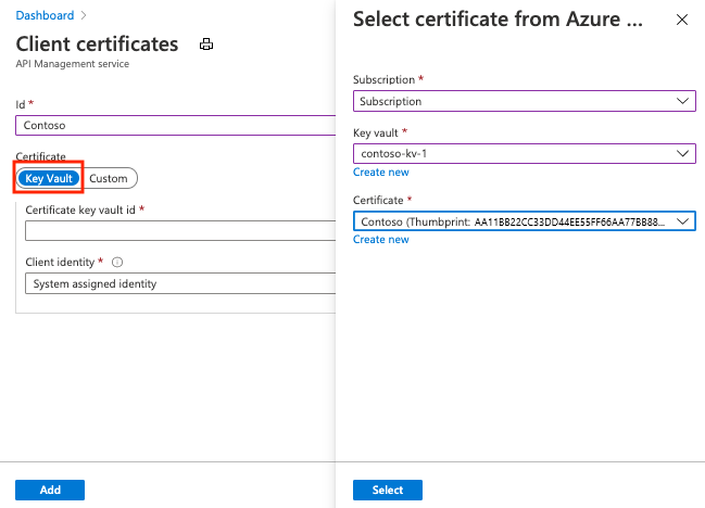 Capture d’écran de l’ajout d’un certificat de coffre de clés au service Gestion des API dans le portail.