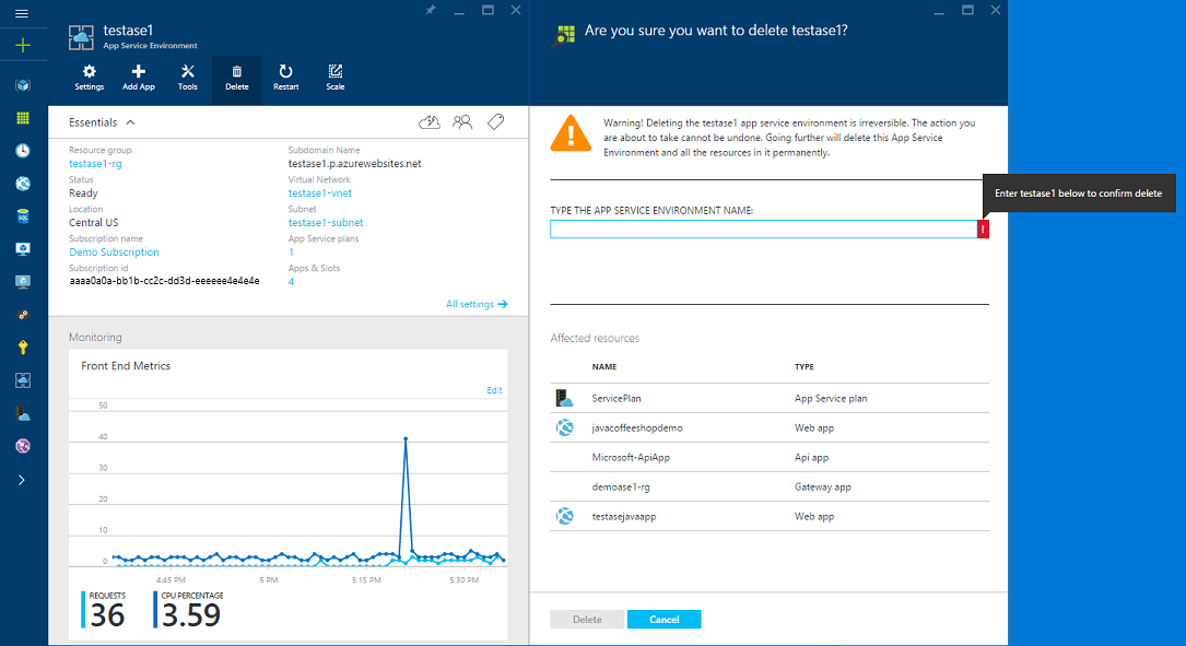 Interface utilisateur Supprimer un environnement App Service