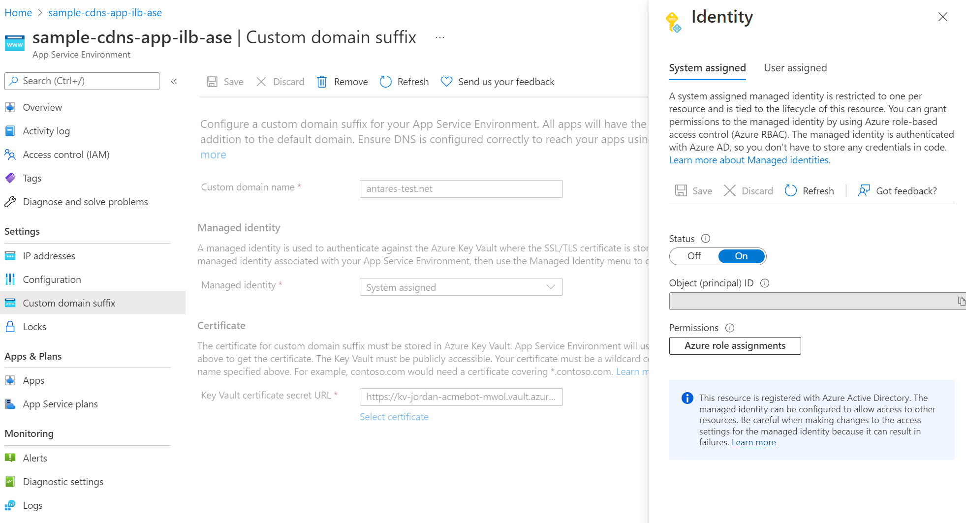 Capture d’écran d’un volet de configuration pour sélectionner et mettre à jour l’identité managée pour l’App Service Environment.