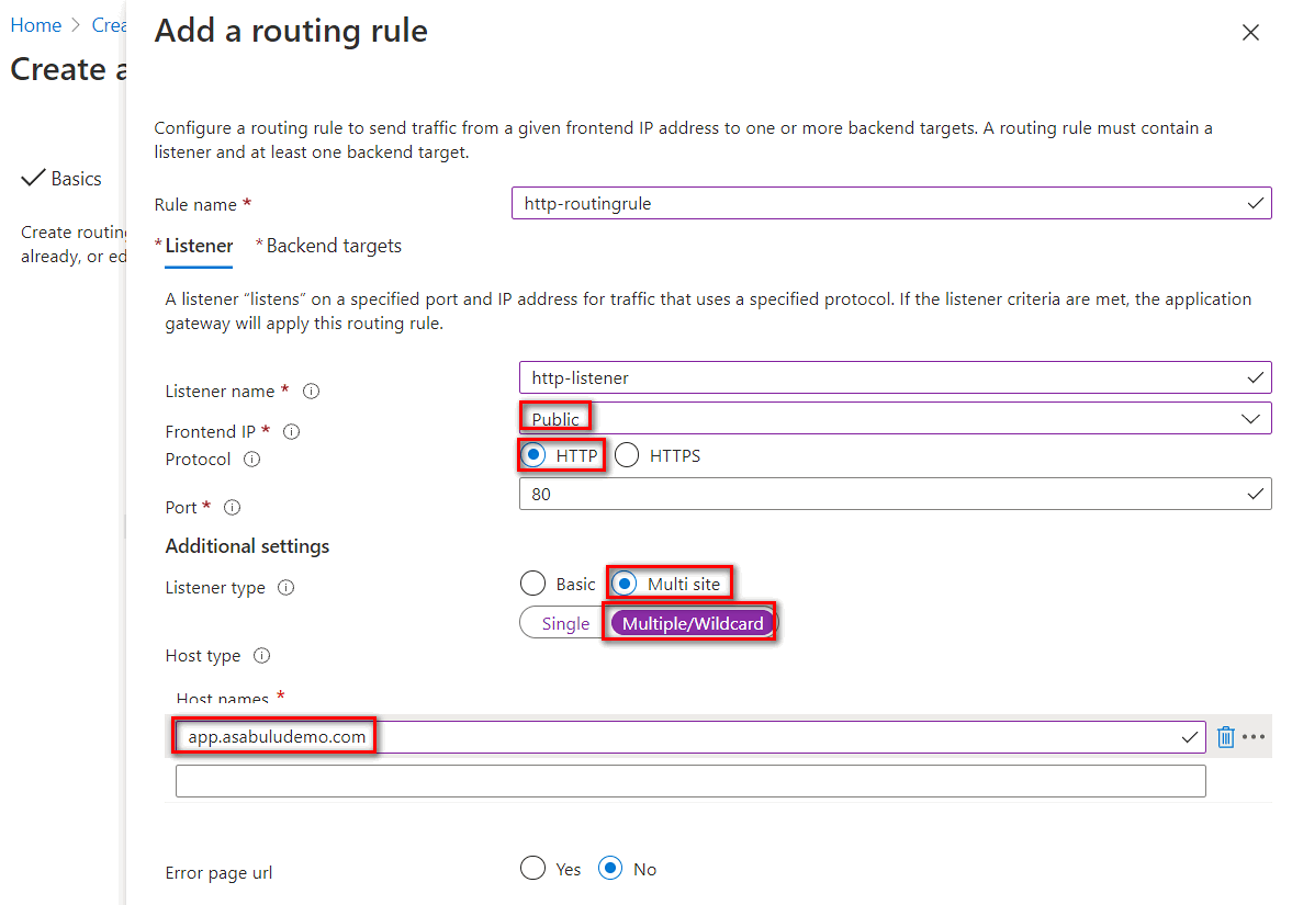 Capture d’écran de l’écouteur HTTP de la règle d’acheminement de la passerelle applicative.