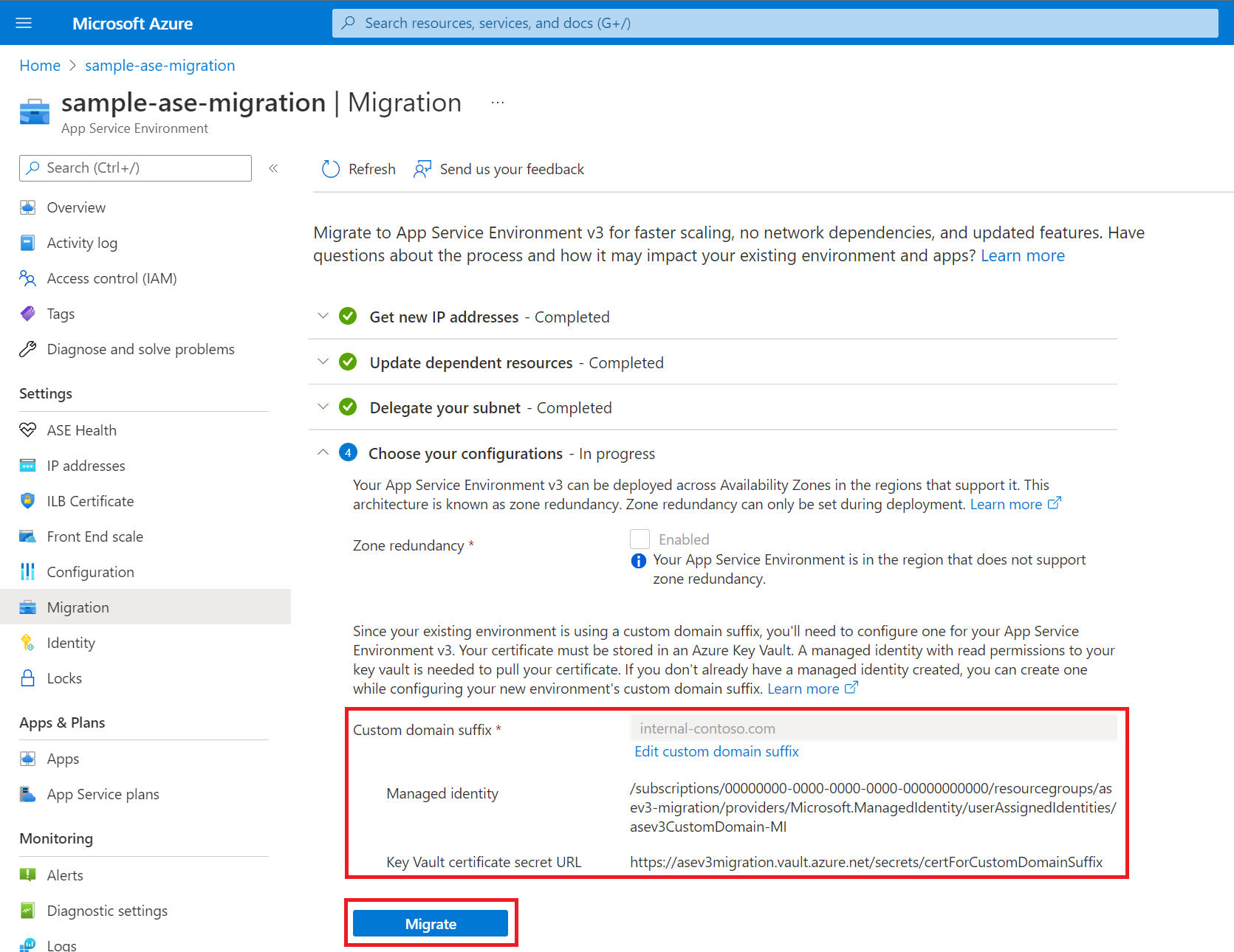 Capture d’écran montrant que les détails de la configuration sont ajoutés et que l’environnement est prêt pour la migration.