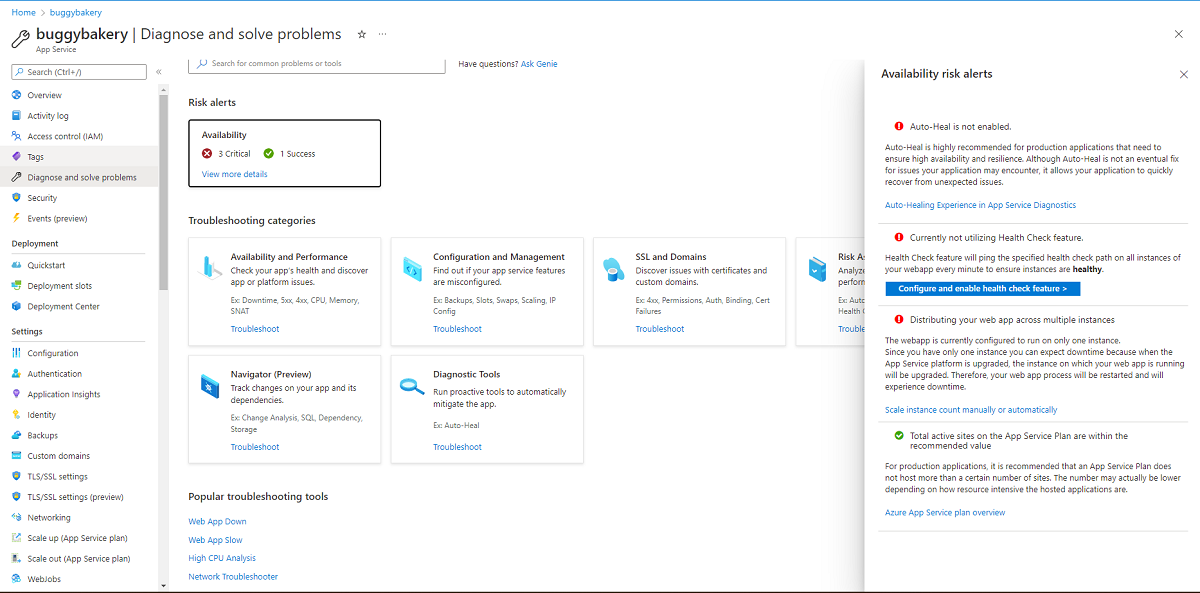 Panneau de droite des alertes de risque liées au diagnostic et à la résolution des problèmes App Service, avec des informations exploitables adaptées à l’application de ressource Azure actuelle, après avoir cliqué sur le lien hypertexte Afficher plus de détails sur la page d'accueil.