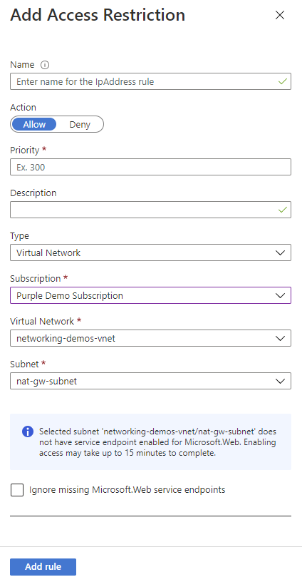 Capture d’écran du volet « Ajouter une restriction d’adresse IP » avec le type Réseau virtuel sélectionné.